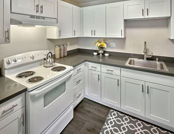 a kitchen with white cabinets and a white stove and sink at Quartz Creek, Washington